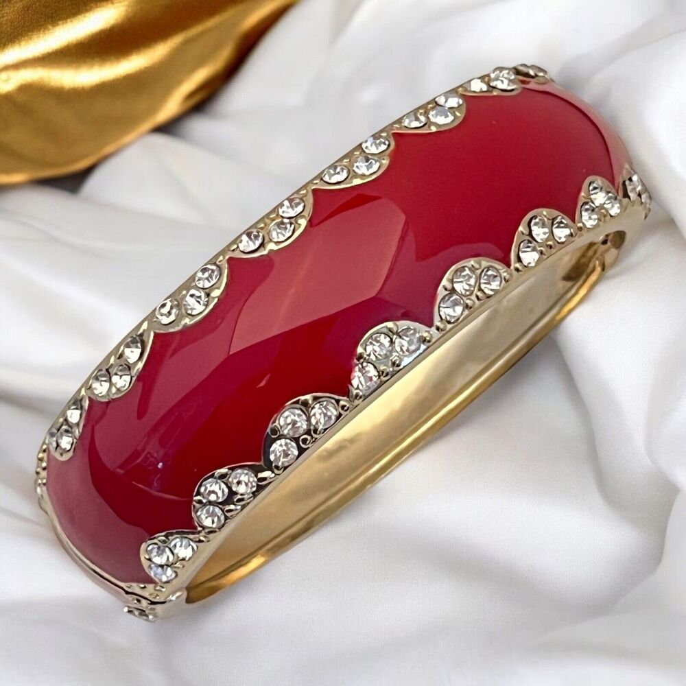 New Susan Graver Bangle Bracelet With Red Enamel Clear Crystal Accents SGB